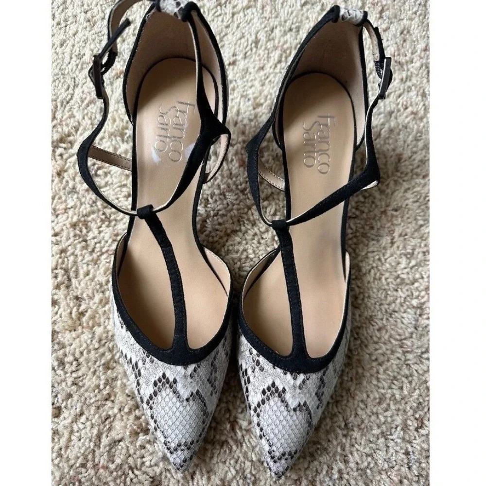 Franco Sarto Snakeskin Heels Pointed Toe Pumps Black Trim‎ Woman's 9.5M - Picture 7 of 11